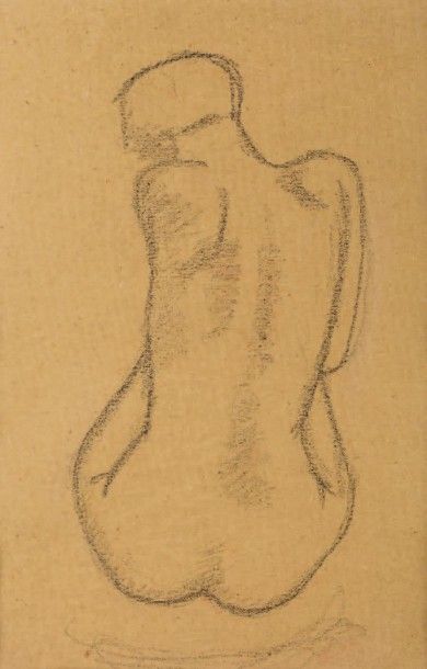 Aristide MAILLOL (1861-1944) 
Nu assis de dos
pierre noire sur papier brun
29 x 19...