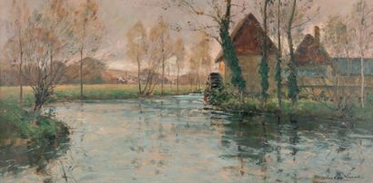 Paul Emile LECOMTE (1877-1950) Paysage au moulin. Huile sur toile. Signée en bas...