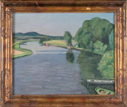 Maurice BOUVIOLLE (1893-1971) Paysage à la rivière. Huile sur toile. Signée en bas...
