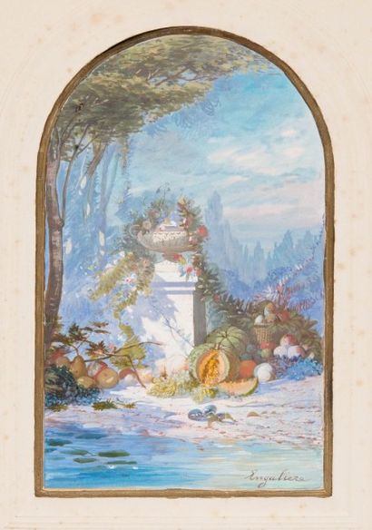 MARIUS ENGALIERE (1824-1857) Vasque garnie dans le jardin. Gouache. Signée en bas...