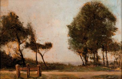 MARIUS ENGALIERE (1824-1857) Paysage en provence. Huile sur panneau. Signée en bas...
