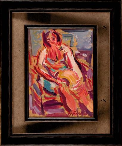 Antoine FERRARI (1910-1995) Femme dans un fauteuil. Huile sur panneau. Signée en...