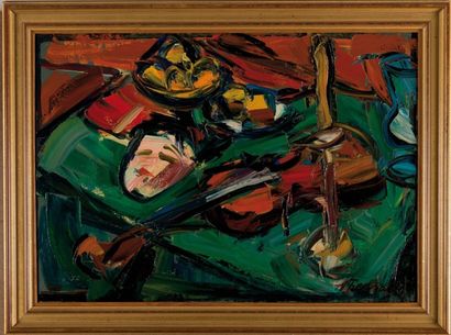 Antoine FERRARI (1910-1995) Nature morte au violon. Huile sur toile. Signée en bas...