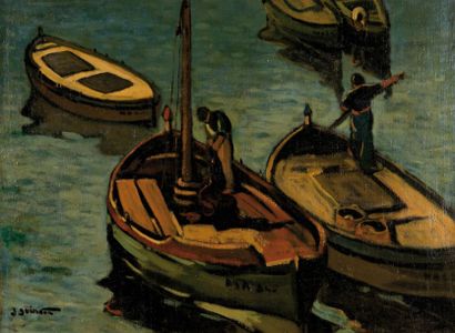 Jean GUINDON (1883-1976) Barques en mer. Huile sur isorel. Signée en bas à droite....