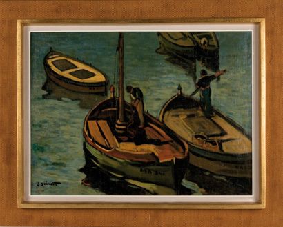 Jean GUINDON (1883-1976) Barques en mer. Huile sur isorel. Signée en bas à droite....