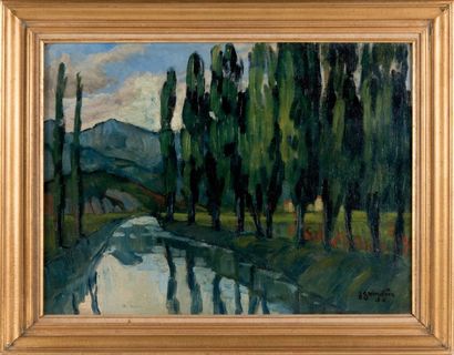 Jean GUINDON (1883-1976) Rivière. Huile sur isorel. Signée en bas à droite. 54 x...