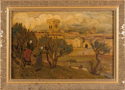 Joseph HURARD (1887-1956) Le ramassage des olives devant le village. Huile sur toile....