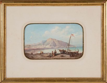 MARIUS ENGALIERE (1824-1857) La baie de Gibraltar. Gouache. Signée en bas à droite....