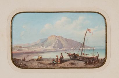 MARIUS ENGALIERE (1824-1857) La baie de Gibraltar. Gouache. Signée en bas à droite....