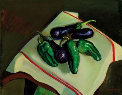 Antoine SERRA (1908-1995) Poivrons et aubergines, 1947. Huile sur papier marouflée....