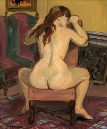 Yves BRAYER (1907-1990) Nu de dos à la chaise rose. 1968. Huile sur toile. Signée...