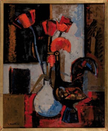 Georges BRIATA (1933) Coq au vase de tulipes. Huile sur toile. Signée et datée 61...