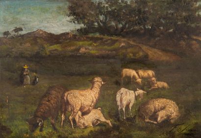 François SIMON (1818-1896) Moutons. Huile sur panneau. Signée en bas à droite. 24...