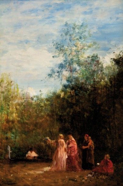 Félix ZIEM (1821-1911) Scène de parc animée. Huile sur panneau parqueté. Signée en...