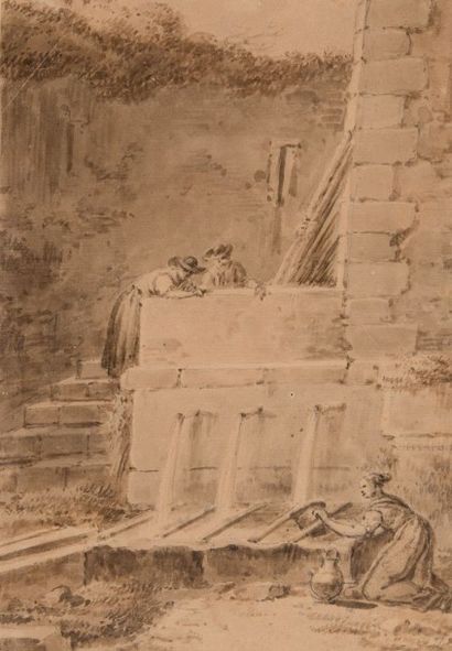 Jean Antoine CONSTANTIN D'AIX (1756-1844) Animation à la fontaine. Lavis d'encre....