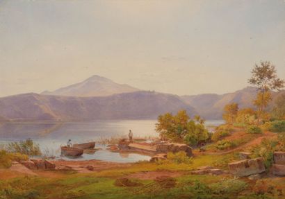 SALOMON CORRODI (1810-1892) Le lac Albano au dessus de Rome. Gouache, aquarelle....