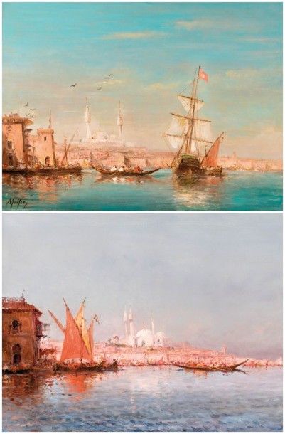 Charles MALFROY (1862-1918) Vues d'Istambul et du Bosphore animé. Paire d'huiles...