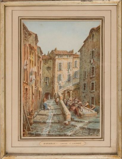 Émile HENRY (1842-1920) Le lavoir Saint Laurent. Aquarelle. Signée et datée 1920...