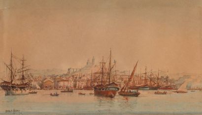 Émile HENRY (1842-1920) L'entrée du port de Marseille. Aquarelle. Signée en bas à...