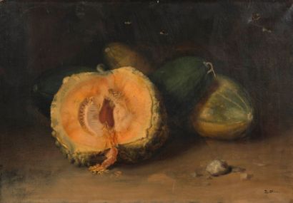 JEAN-BAPTISTE OLIVE (1848-1936) Nature morte à la courge et aux melons. Huile sur...