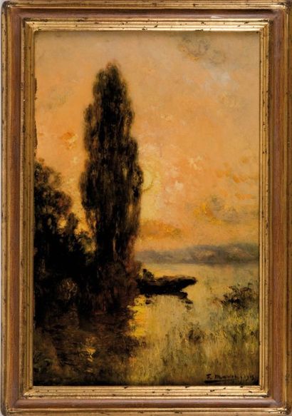 François MAURY (1861-1933) Barque sur le lac. Huile sur panneau. Signée et datée...
