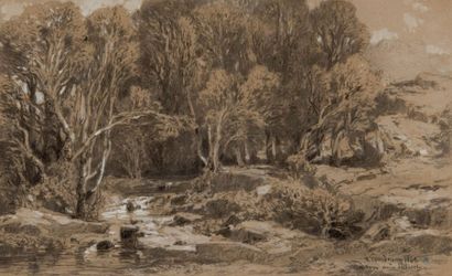 Vincent COURDOUAN (1810-1893) Paysage à la rivière. Gouache et mine de plomb. Signée...