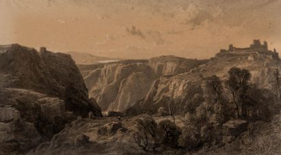 Vincent COURDOUAN (1810-1893) Bergers sur les hauteurs. Mine de plomb et gouache....