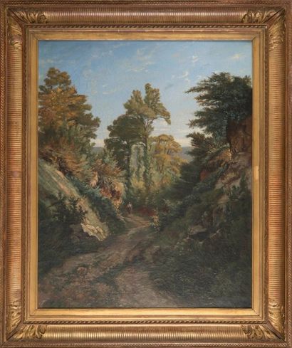 Vincent COURDOUAN (1810-1893) Promenade dans les collines. Huile sur toile. Signée...