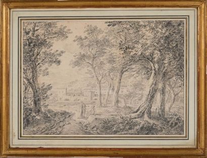 Jean-Antoine CONSTANTIN D'AIX (1756-1844) Scène animée dans les sous bois. Encre...