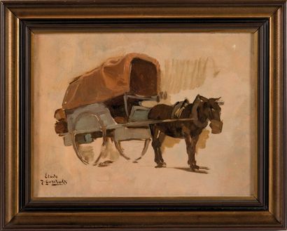 Joseph GARIBALDI (1863-1941) Le cheval à la charrette. Huile sur toile. Signée et...