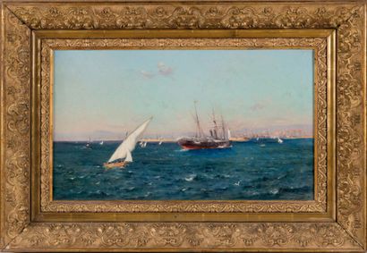 Adolphe Louis GAUSSEN (1871-1954) L'entrée du port de Marseille. Huile sur toile....