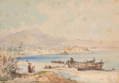 Emmanuel COSTA (1833-1921) Nice et la promenade vue de la plage de Carras. Aquarelle....