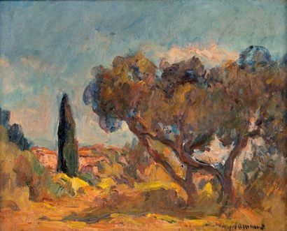 Marcel ARNAUD (1877-1956) Paysage aux grandx arbrex. Huile sur panneau. Signée en...