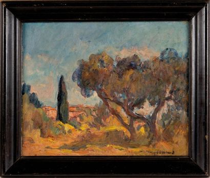 Marcel ARNAUD (1877-1956) Paysage aux grandx arbrex. Huile sur panneau. Signée en...