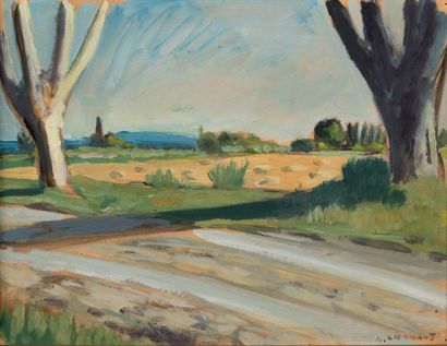 Auguste CHABAUD (1882-1955) Paysage aux grands arbres. Huile sur carton. Signée en...