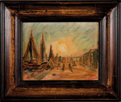 RENE SEYSSAUD (1867-1952) Coucher de soleil sur le port. Détrempe sur papier. Signée...