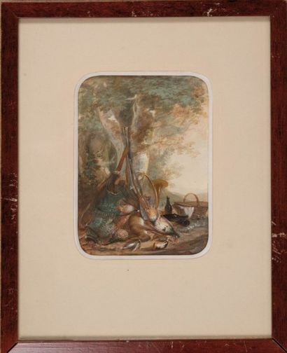 MARIUS ENGALIERE (1824-1857) Nature morte aux grenades et au trophée de chasse. Paire...