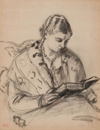 Maximilien Luce (1858-1941) Portrait de madame Lebasque à la lecture. Lavis d'encre....