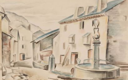André LHOTE (1885-1962) La fontaine du village. Aquarelle. Signée en bas à gauche....