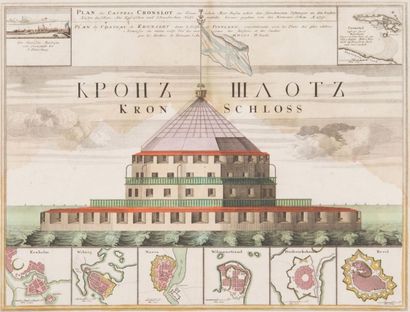 null Plan de la forteresse du Kronschloss surmonté de deux vues de Saint-Pétersbourg...