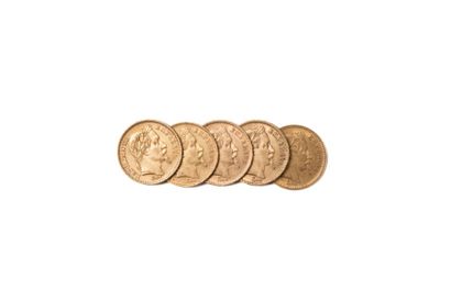 null France
Lot de 5 monnaies de 20 francs or Napoléon III, tête laurée.
G. 1062....