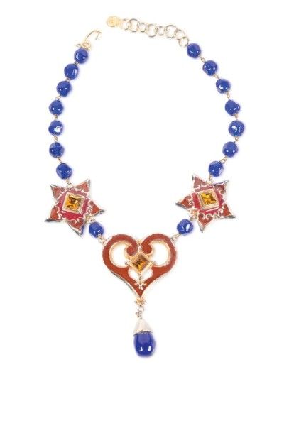 Christian LACROIX Collier en perles de verre bleu, agrémenté de pendants étoiles...