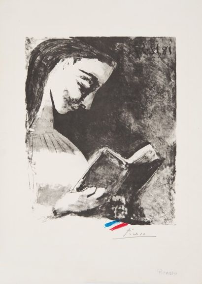 PABLO PICASSO (ESP/1881-1973) Jacqueline lisant, 1957

Lithographie, rehaut de pastel...