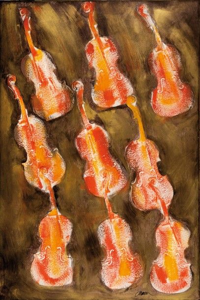 ARMAN (FRA/1928-2005) Empreintes de violons oranges

Technique mixte sur carton

150...