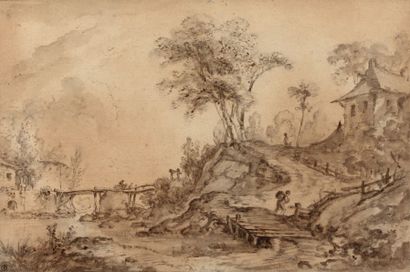 Jean-Baptiste LEPRINCE (1734-1781) 
Paysage aux ponts de bois et fermes
Plume et...