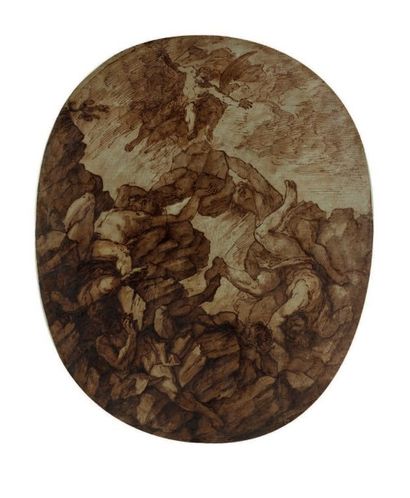 Attribué à GIUSEPPE PIATTOLI (1743-1823) 
La chute des géants, figures plafonantes
Plume...