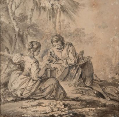 JEAN BAPTISTE HUET (PARIS 1745-1811) 
Couple de bergers donnant la becquée à un oiseau
Plume...