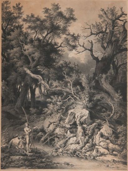 Jean Antoine CONSTANTIN D'AIX (1756-1844) 
Pêcheurs près d'un arbre foudroyé
Lavis...
