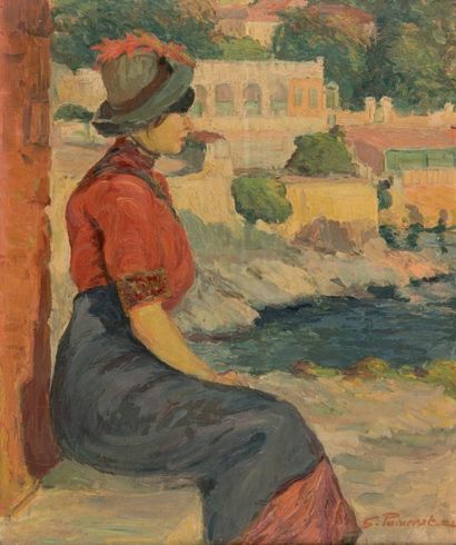 null Georges POMERAT (XIXè

-XXè

)

Femme assise sur la corniche.

Huile sur toile.

Signée...