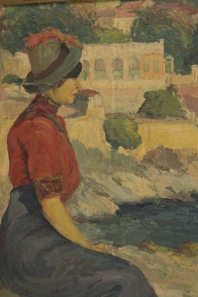 null Georges POMERAT (XIXè

-XXè

)

Femme assise sur la corniche.

Huile sur toile.

Signée...
